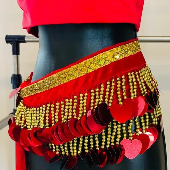 Bellydance hip wrap with Hearts Coins Sequins and Gold Accents - Picture 2 of 5